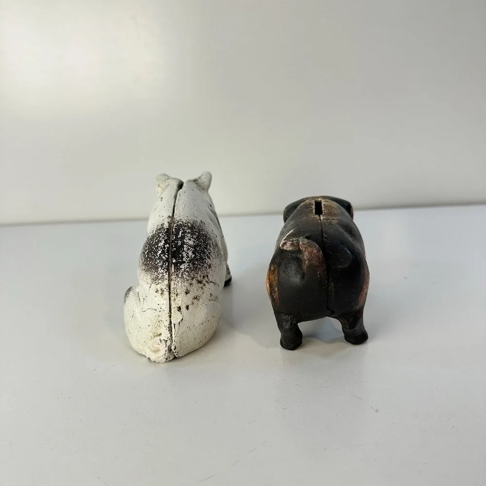 Vintage Cast Iron Pig Bank Doorstops x2 White and Black 4